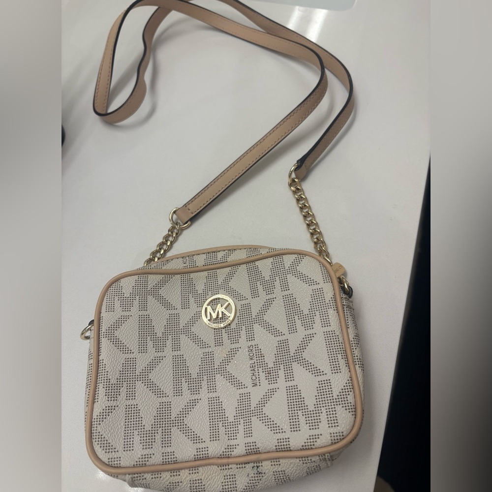 Michael Kors Logo Print Crossbody Bag in Cream and Gold